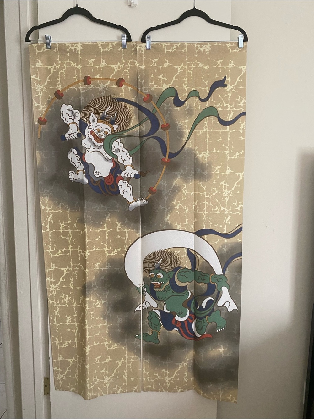 Japanese Fujin Raijin Noren Door Curtain Wind Thunder Gods Beige Gold Tapestry